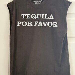 Recycled Karma Tee, cut to waste, sleeveless, black on white.